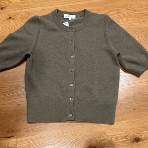 White + Warren Olive Green Button-Up Cashmere Cardigan